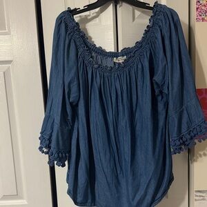 Elegant Blue Blouse with Pom-Pom Accents